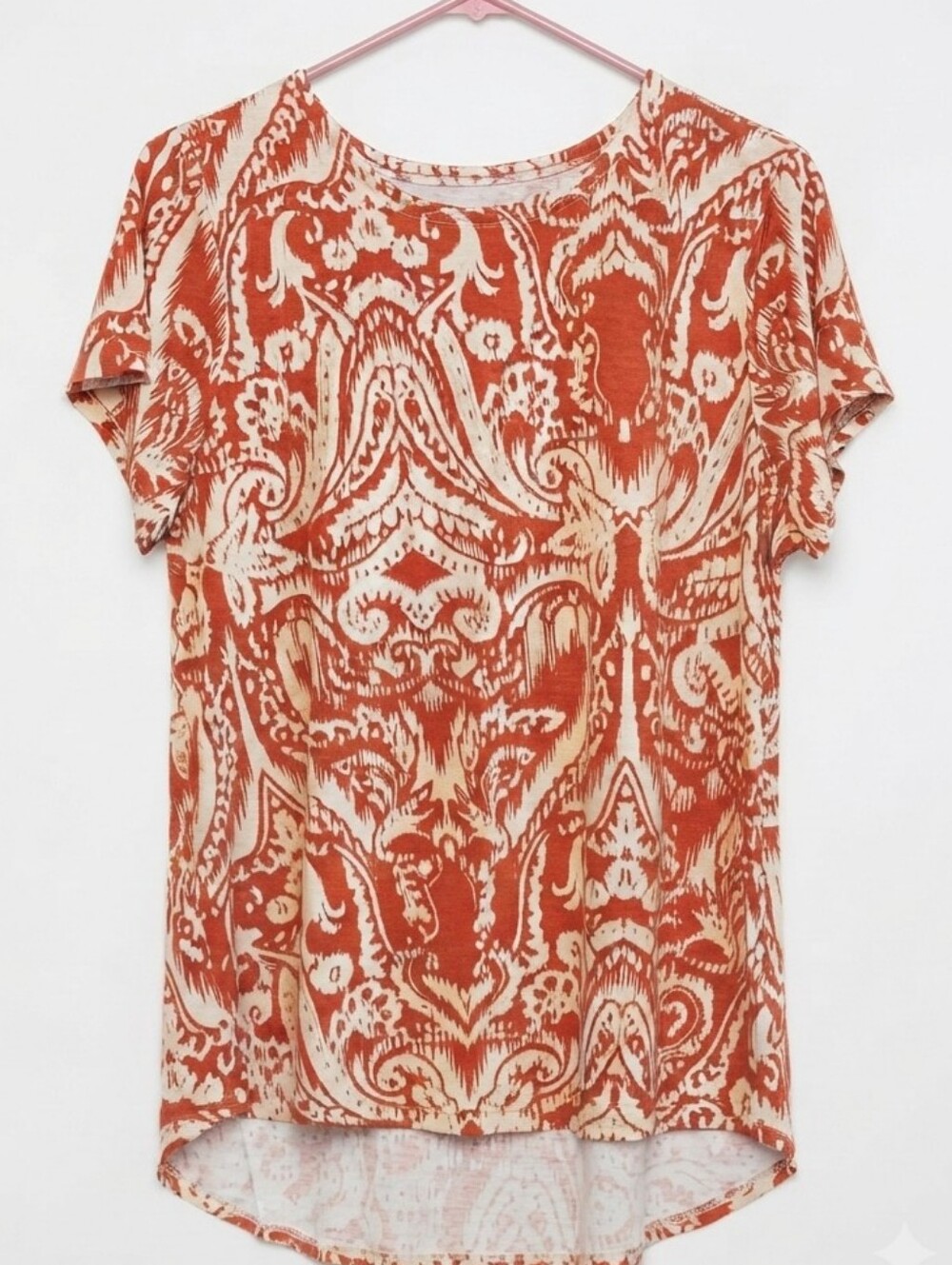 CUPIO Women's Orange Cream Abstract Print Short Sleeve Hi-Low T-Shirt Size 1X